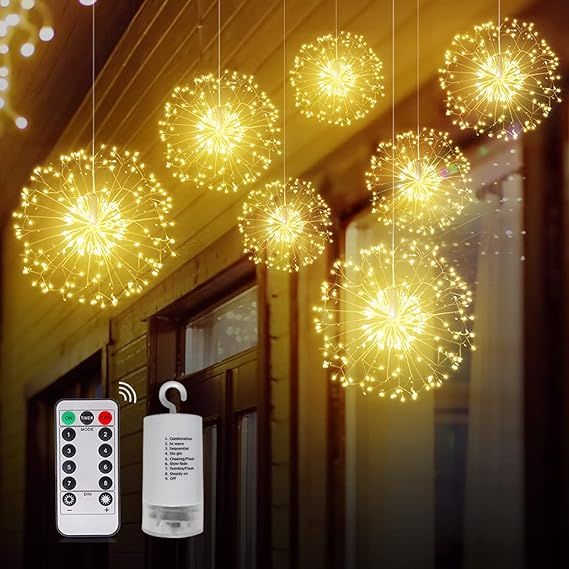 Techip 4Pack 200LED Starburst String Lights Outdoor Indoor Battery Operated Hanging Light Copper Wire Fairy Patio Light with Remote Wedding Garden Decorative Lights White Dandelion Lights