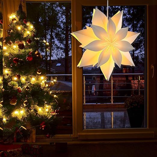 EANLOLY LED Paper Star Lanterns with Lights, 3D Hanging Star Christmas Lights, Light up Star Decorations, White O 45 cm