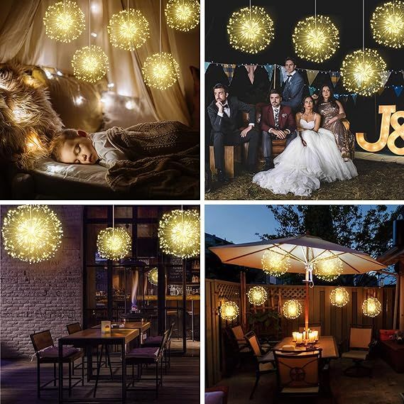Techip 4Pack 200LED Starburst String Lights Outdoor Indoor Battery Operated Hanging Light Copper Wire Fairy Patio Light with Remote Wedding Garden Decorative Lights White Dandelion Lights
