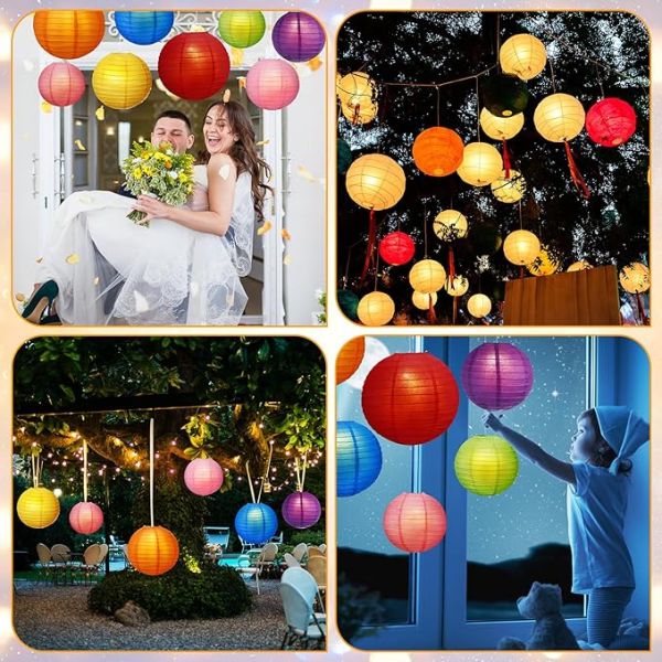 Retisee 48 Set Paper Lanterns with Lights 6" 8" 10" 12" Round Decorative Hanging Lantern Chinese Paper LED Lanterns Lamp 1 Roll Transparent Elastic Cord for Wedding Party Indoor and Outdoor Decor