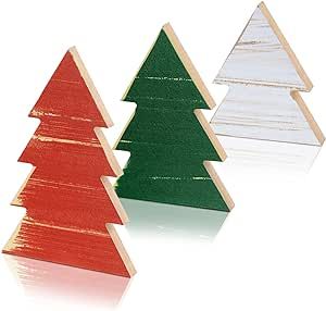 Set of 3 Wooden Christmas Trees Tabletop Decoration Rustic Wood Christmas Trees Tiered Tray Decoration Mini Christmas Tree Mini Wooden Block Signs Tabletop Decoration Ornaments(Red, Green, White)